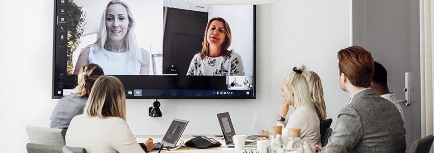 En grupp vuxna lyssnar på två inspektörer genom ett virtuellt möte på teveskärm